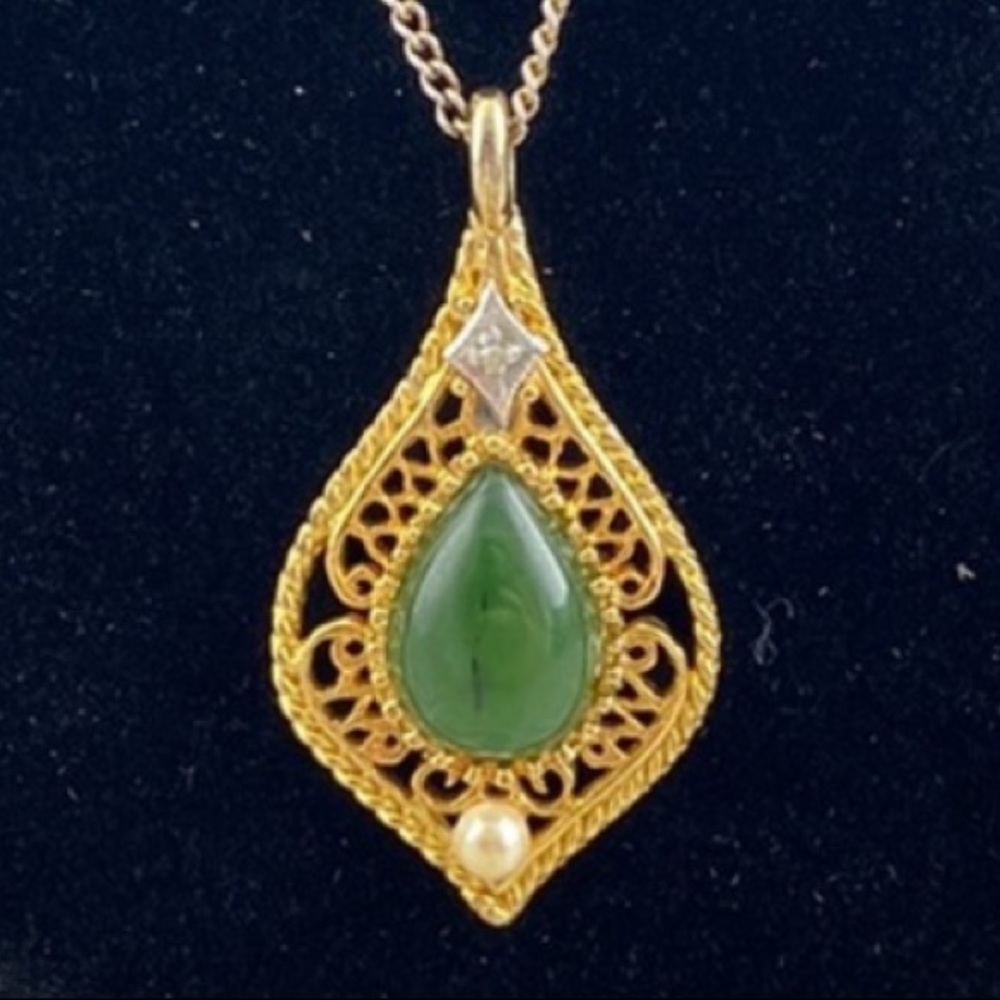 Golden Pendant with Jade Colored Stone - Picture 1 of 5